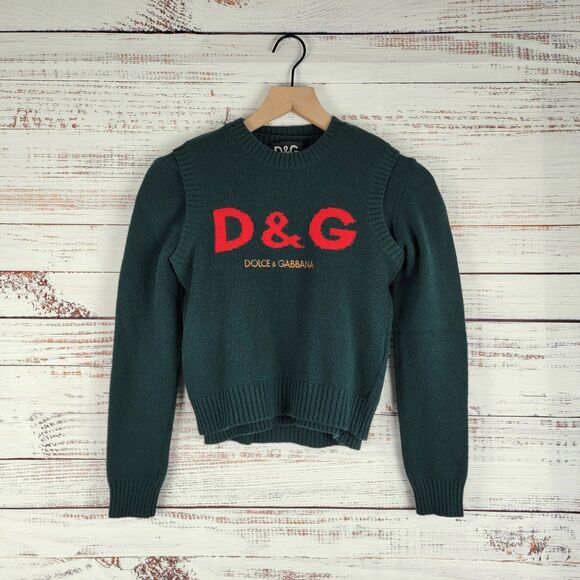 Vintage DOLCE & GABBANA 2 Piece Women Knit Sweater & Vest Size 26/40 Green Wool - Picture 1 of 16